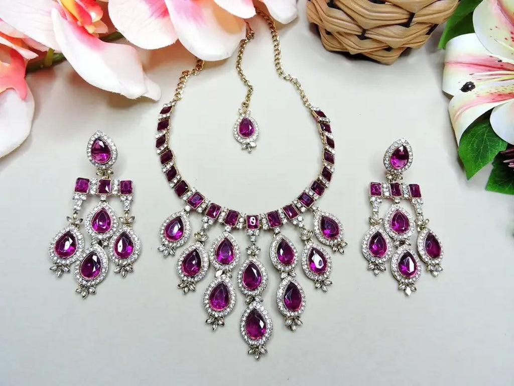 Jewel City Teardrop Bridal Necklace Set with Earrings & Maang Tikka - Ethnic Wedding Jewelry for Brides & Parties | Grocsy