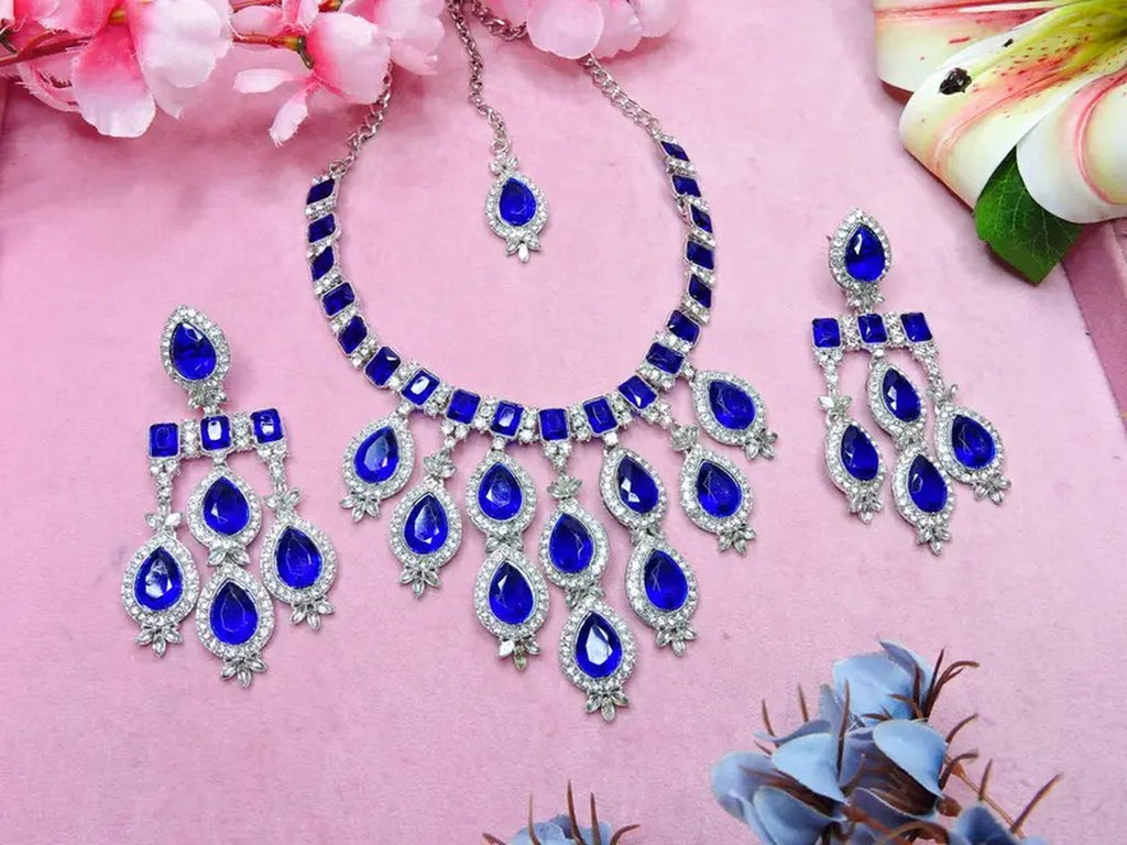 Jewel City Teardrop Bridal Necklace Set with Earrings & Maang Tikka - Ethnic Wedding Jewelry for Brides & Parties | Grocsy