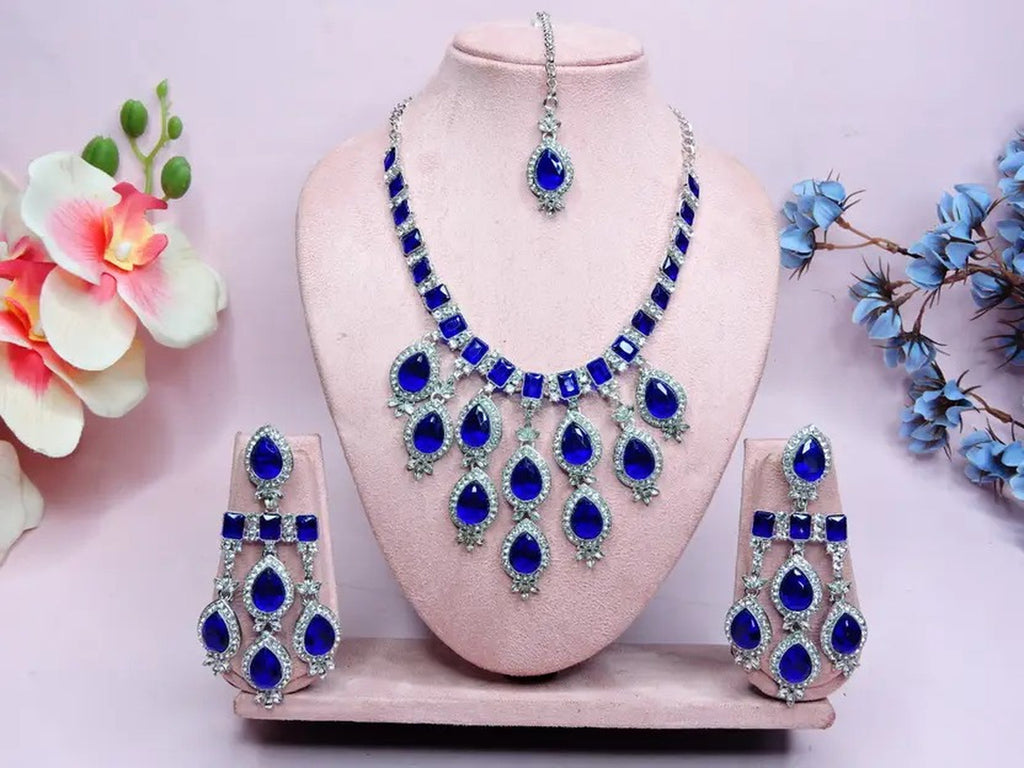 Jewel City Teardrop Bridal Necklace Set with Earrings & Maang Tikka - Ethnic Wedding Jewelry for Brides & Parties | Grocsy