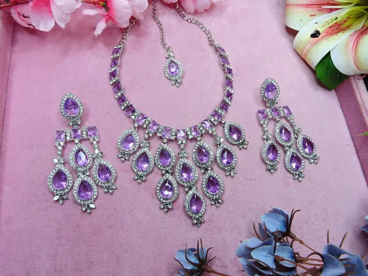 Jewel City Teardrop Bridal Necklace Set with Earrings & Maang Tikka - Ethnic Wedding Jewelry for Brides & Parties | Grocsy
