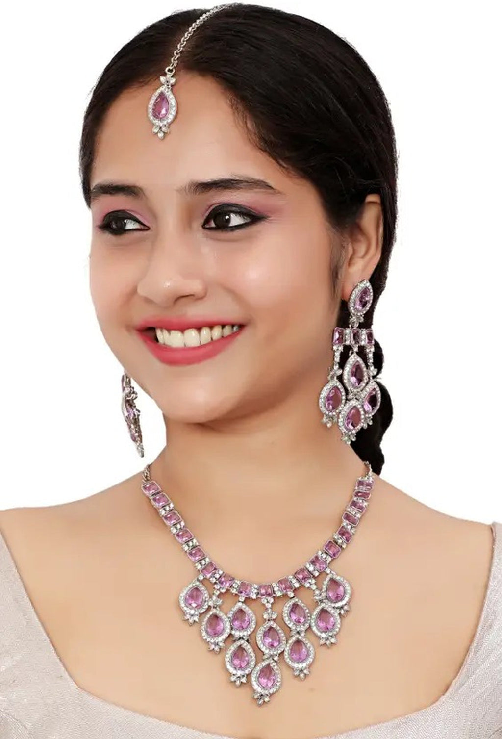 Jewel City Teardrop Bridal Necklace Set with Earrings & Maang Tikka - Ethnic Wedding Jewelry for Brides & Parties | Grocsy