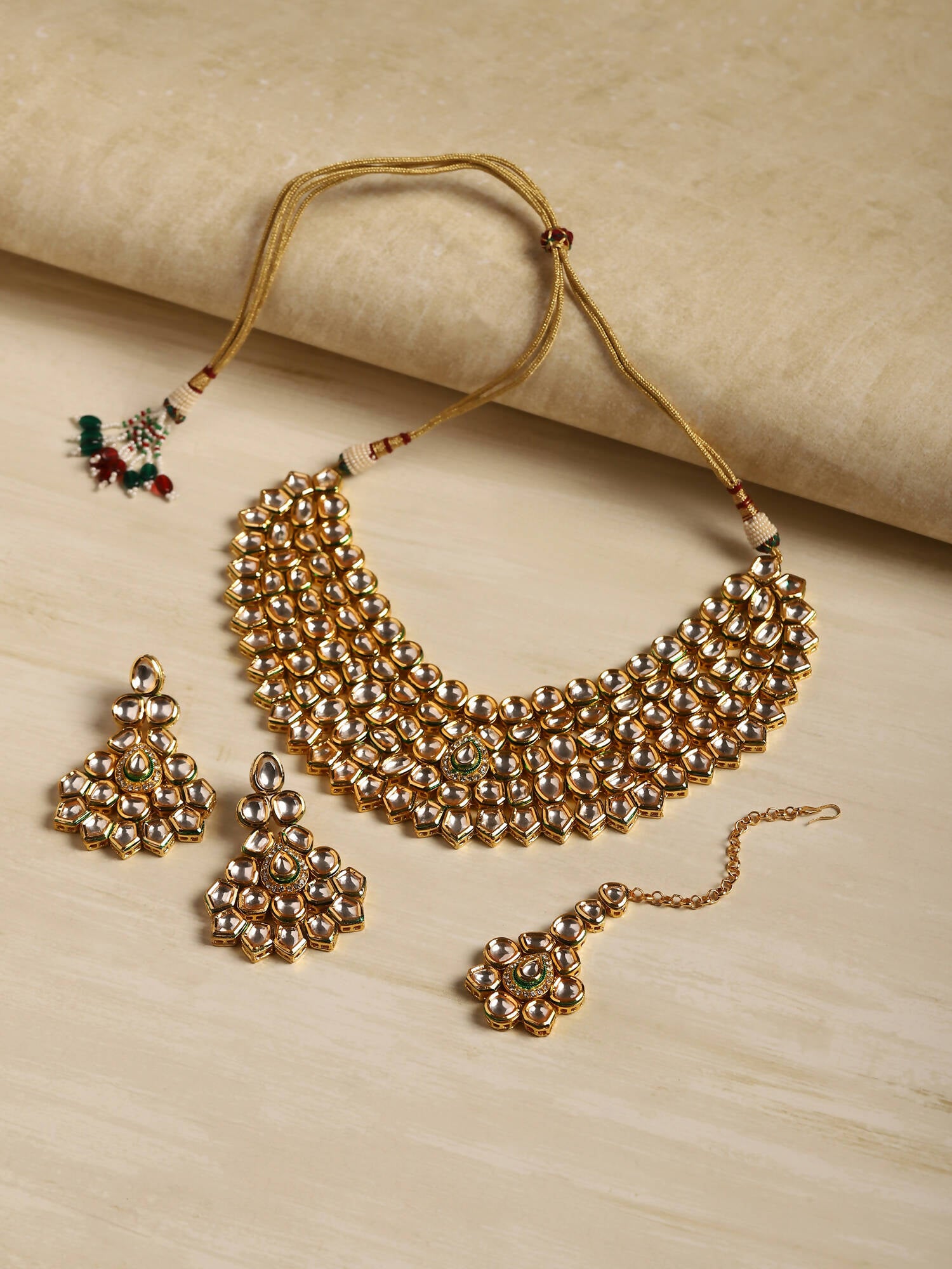 Gold-Polished Maharani Kundan Neckpiece With Earrings And Maang Tikka - Ruby Raang | Grocsy