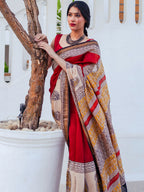 Zibaa Hand-Blocked Pure Maheshwari Silk Red Saree | Grocsy