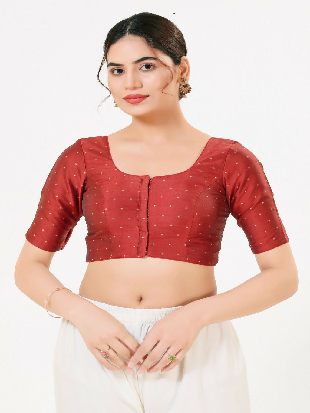 Joban Fashion Dark-Red Taffeta Silk Elbow Sleeveless Front Open Blouse | Grocsy