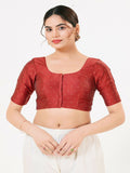 Joban Fashion Dark-Red Taffeta Silk Elbow Sleeveless Front Open Blouse | Grocsy