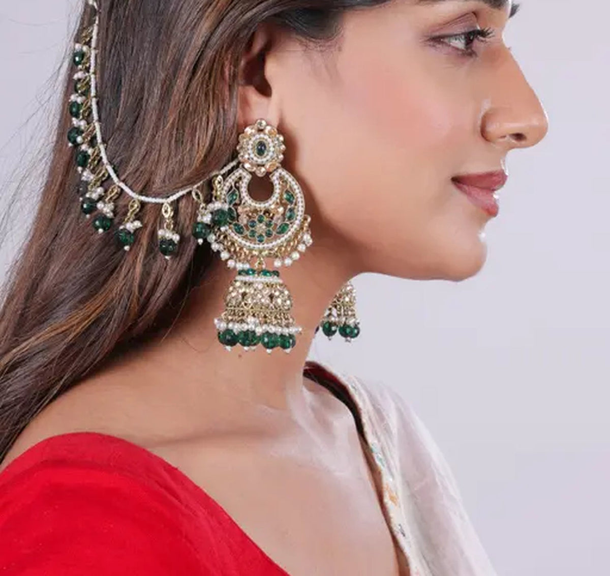 Jewel City Traditional Gold-Plated Green Kundan Chandbali Jhumka Earrings with Hair Chain | Ethnic Bridal Ear Cuff Jewelry | Grocsy