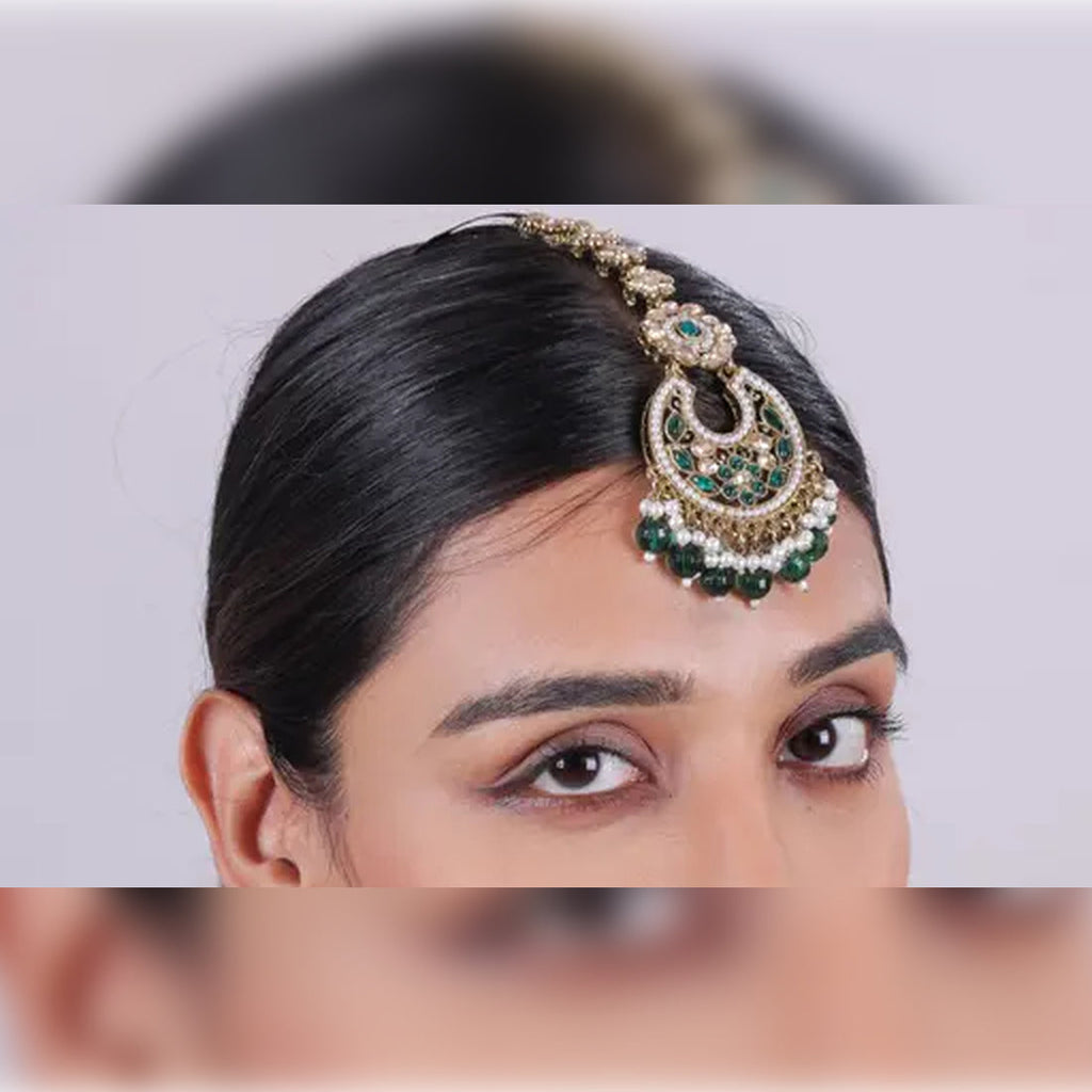 Jewel City Traditional Gold-Plated Green Kundan Chandbali Jhumka Earrings with Hair Chain | Ethnic Bridal Ear Cuff Jewelry | Grocsy