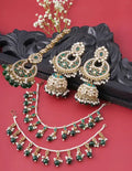 Jewel City Traditional Gold-Plated Green Kundan Chandbali Jhumka Earrings with Hair Chain | Ethnic Bridal Ear Cuff Jewelry | Grocsy