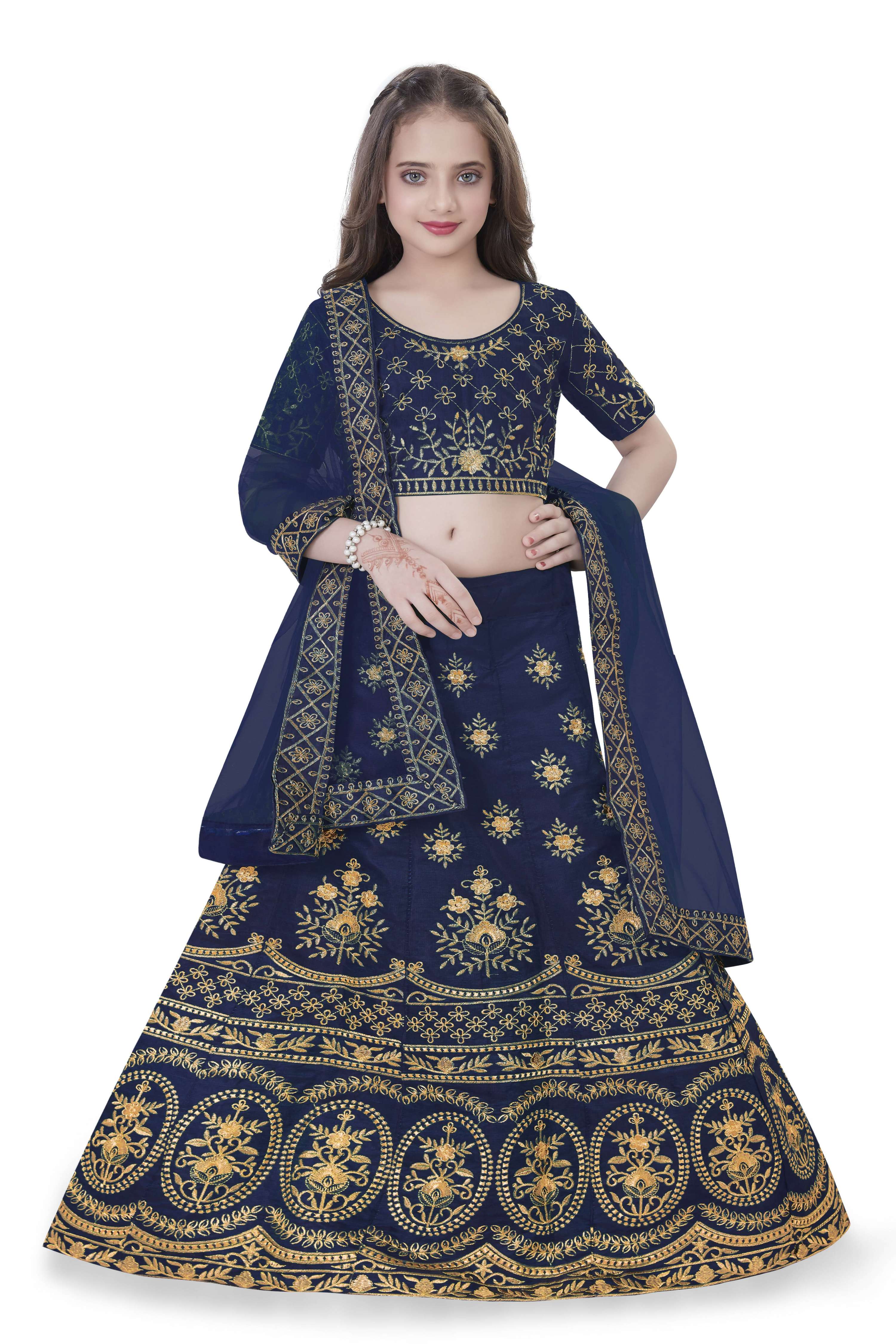 Dwiden Navy Blue Lehriyu Tafetta Sattin Semi-Stitched Girl's Lehenga Choli | Grocsy