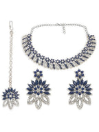 Jewel City Rhodium-Plated Stones Studded Necklace & Earrings With Maang Tika | Grocsy