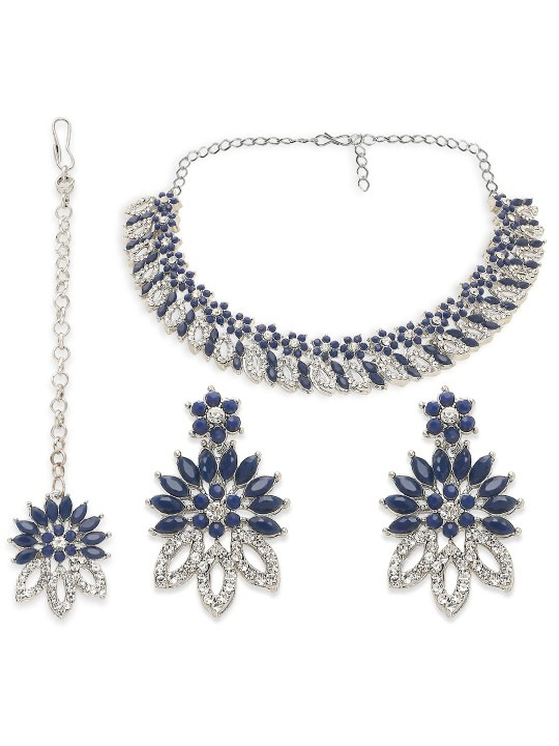 Jewel City Rhodium-Plated Stones Studded Necklace & Earrings With Maang Tika | Grocsy