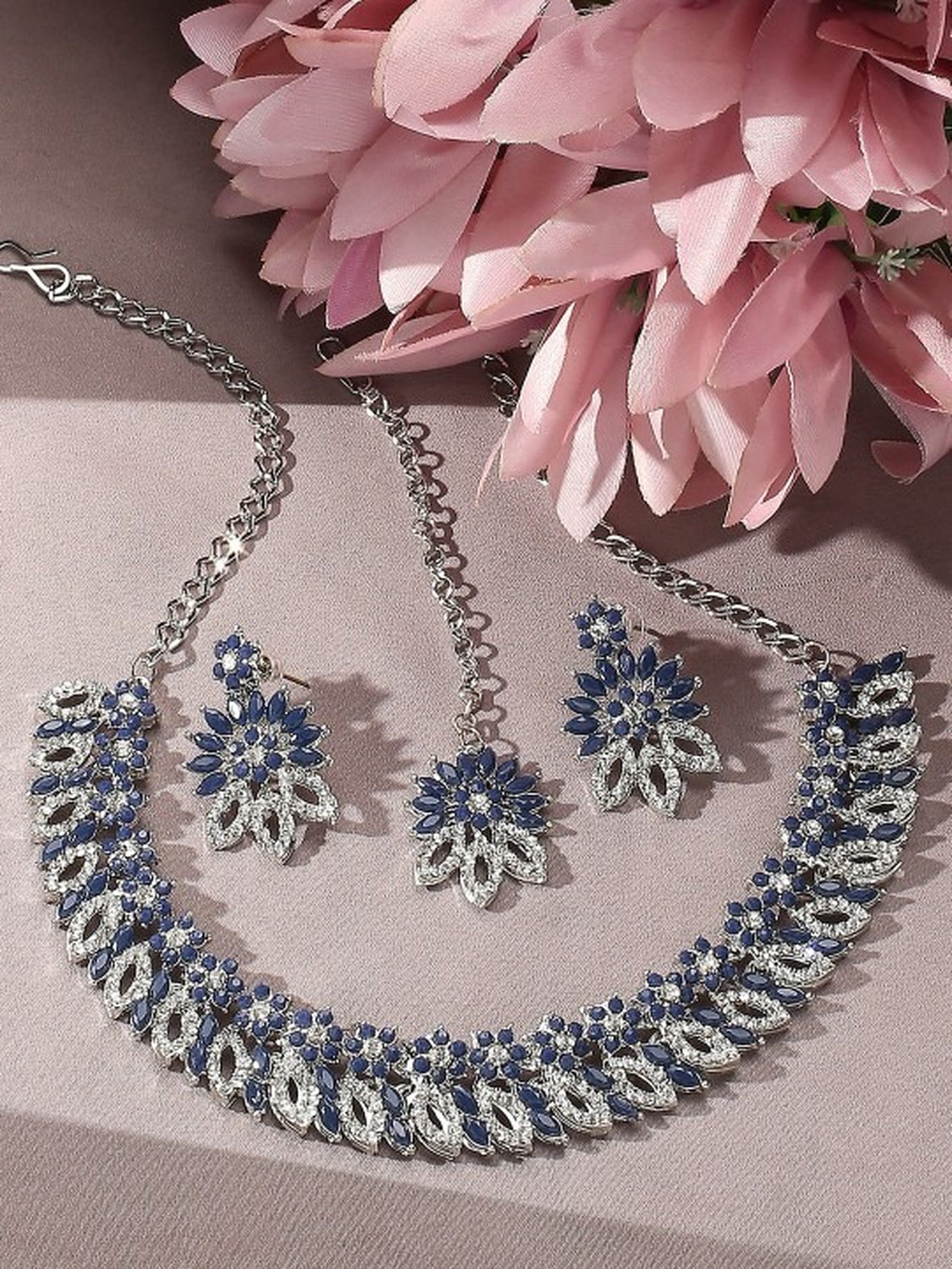 Jewel City Rhodium-Plated Stones Studded Necklace & Earrings With Maang Tika | Grocsy