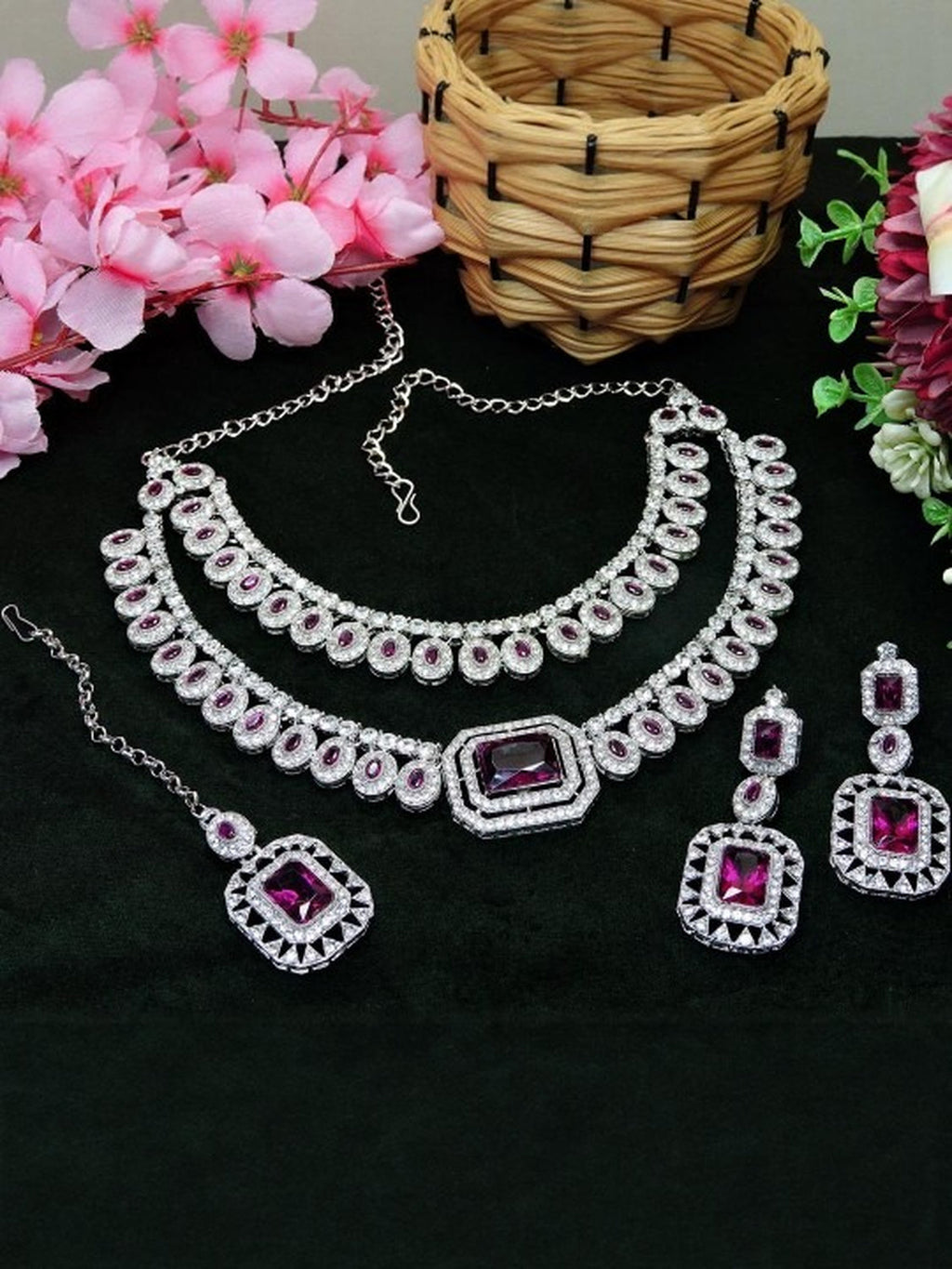 Jewel City Rhodium-Plated Necklace Set | Bridal & Party Statement Jewelry Set for Women | Designer Choker, Earrings, Maang Tikka | Grocsy