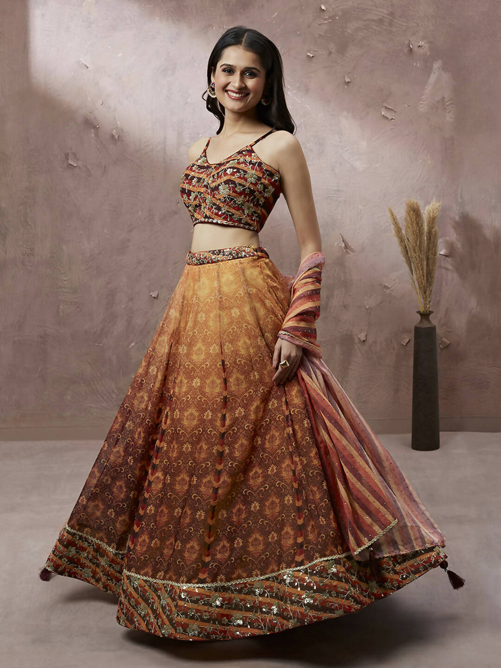 House of Panchhi Brown Organza Floral Print and sequinse work Lehenga choli & Dupatta | Grocsy
