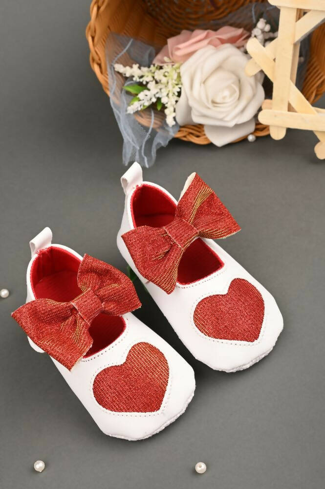 Tiny Bugs Girls Heart Bow Detailing Booties - White & Red | Grocsy
