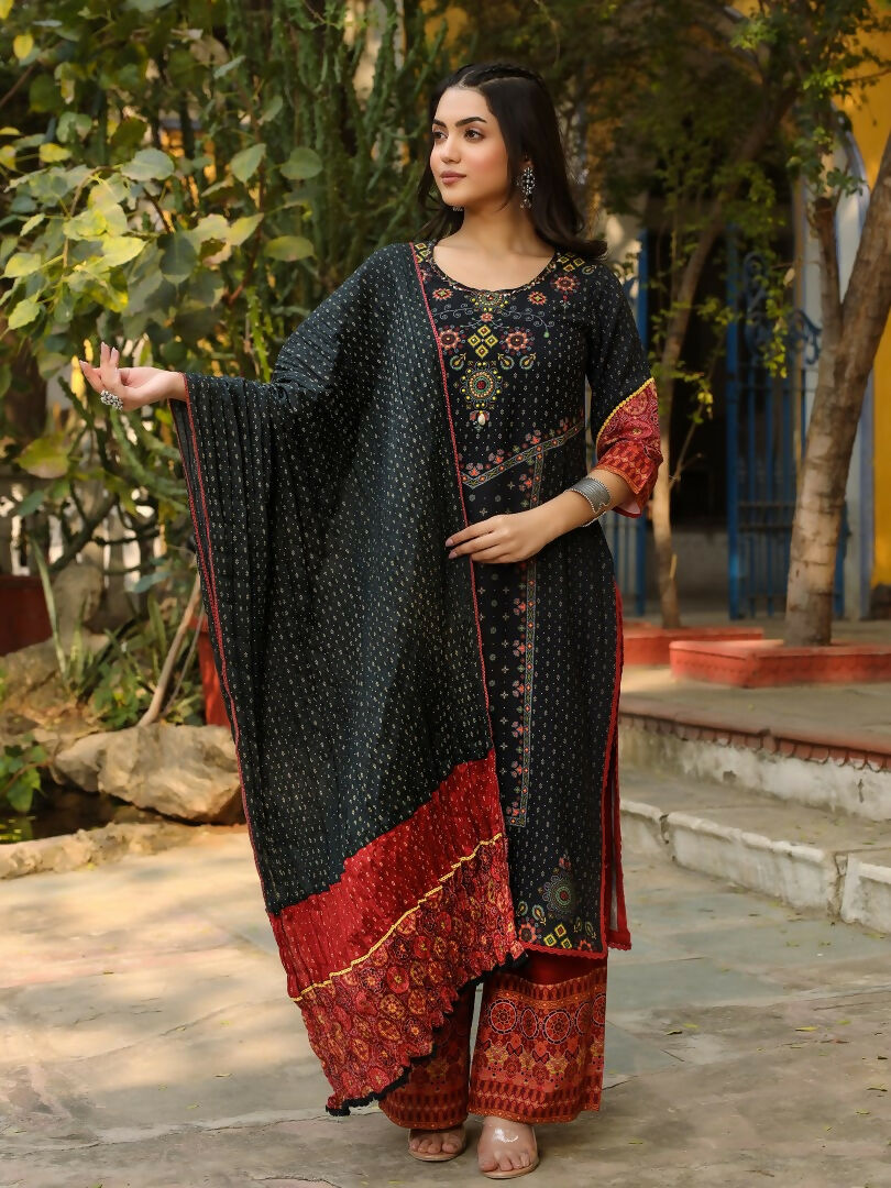Juniper Black Ethnic Motif Placement Printed Rayon Kurta With Pant And Dupatta With Bead & Sequence Work | Grocsy