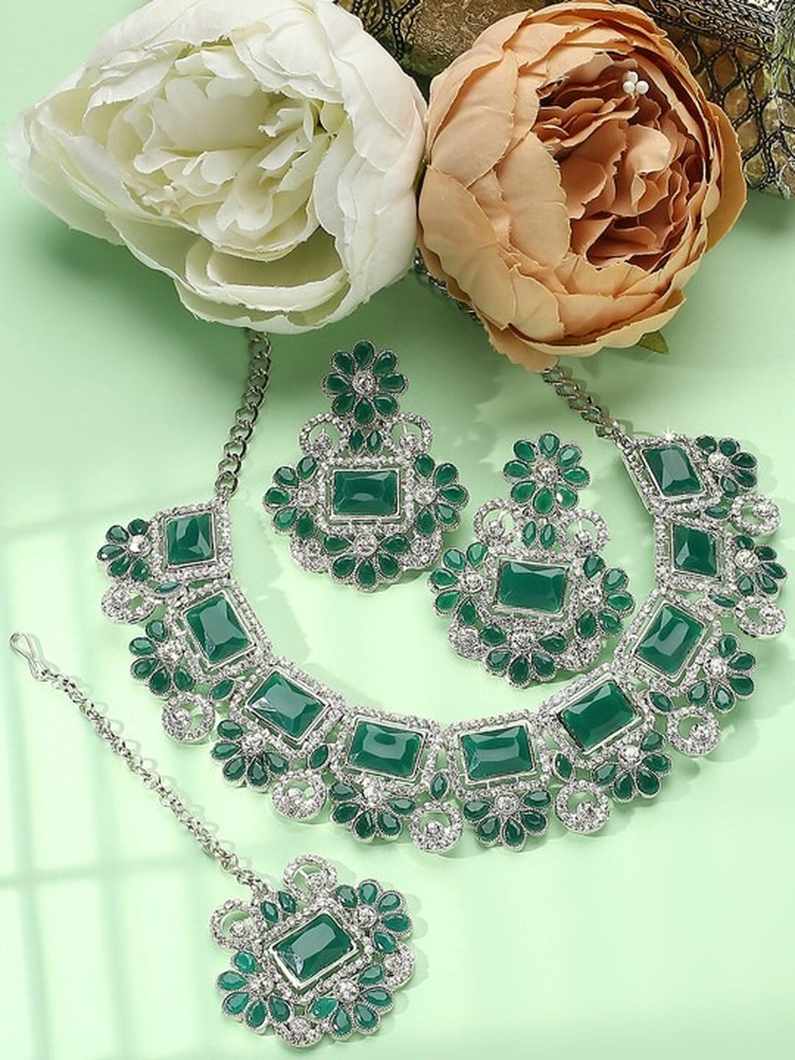 Jewel City Rhodium-Plated Stones Studded Jewellery Set | Grocsy