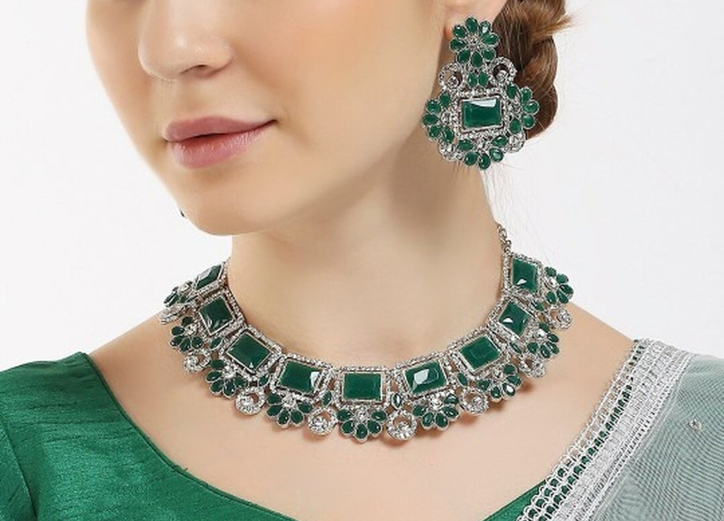 Jewel City Rhodium-Plated Stones Studded Jewellery Set | Grocsy