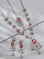 Jewel City Rhodium-Plated Stones Studded Necklace & Earrings With Maang Tika | Grocsy
