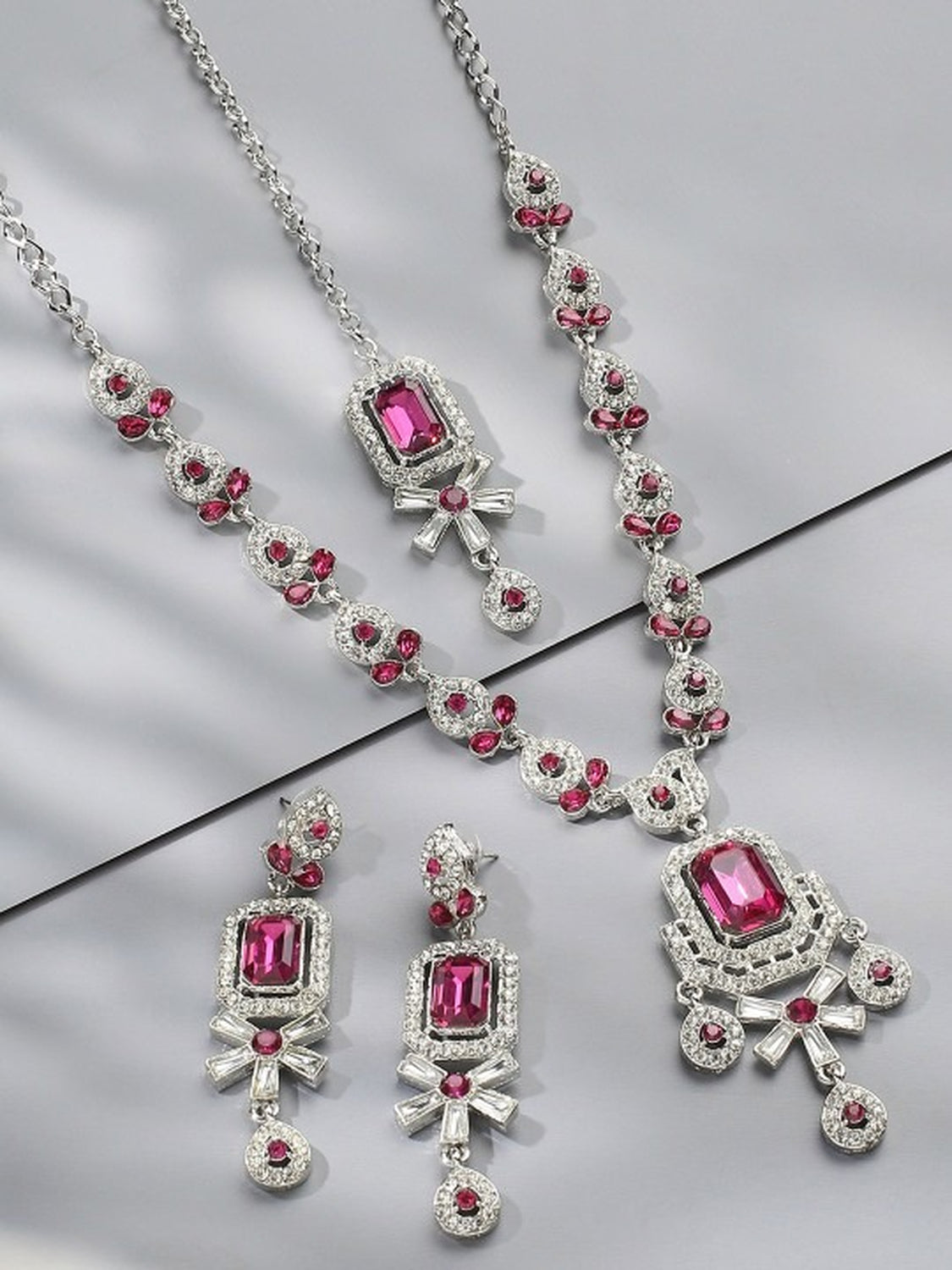 Jewel City Rhodium-Plated Stones Studded Necklace & Earrings With Maang Tika | Grocsy