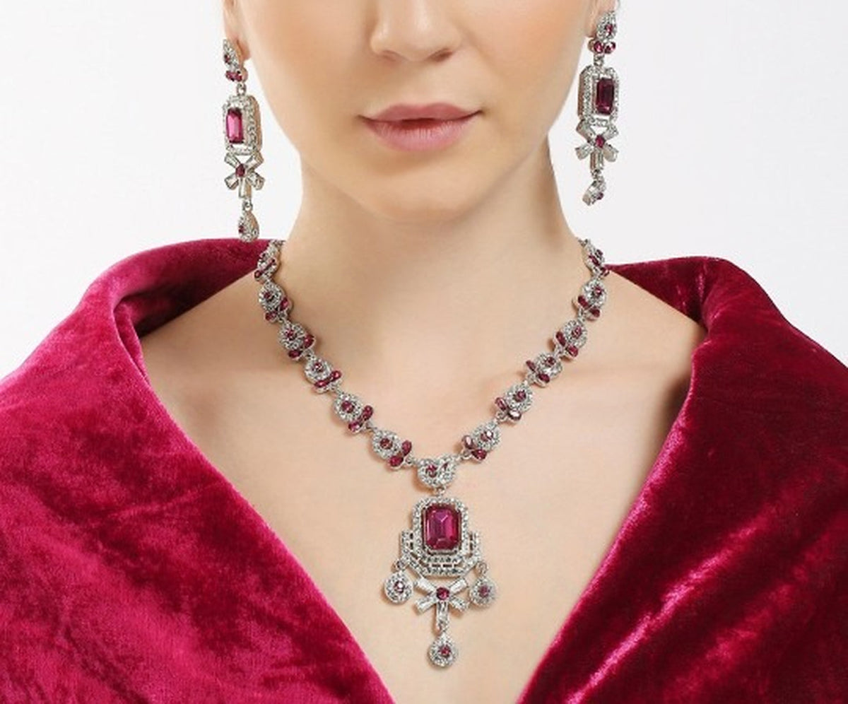 Jewel City Rhodium-Plated Stones Studded Necklace & Earrings With Maang Tika | Grocsy