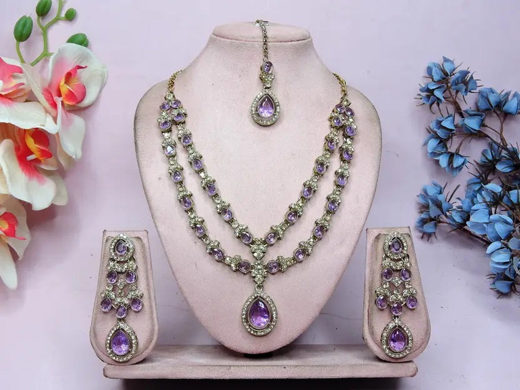 Jewel City Teardrop Bridal Necklace Set with Earrings & Maang Tikka - Ethnic Wedding Jewelry for Brides & Parties | Grocsy