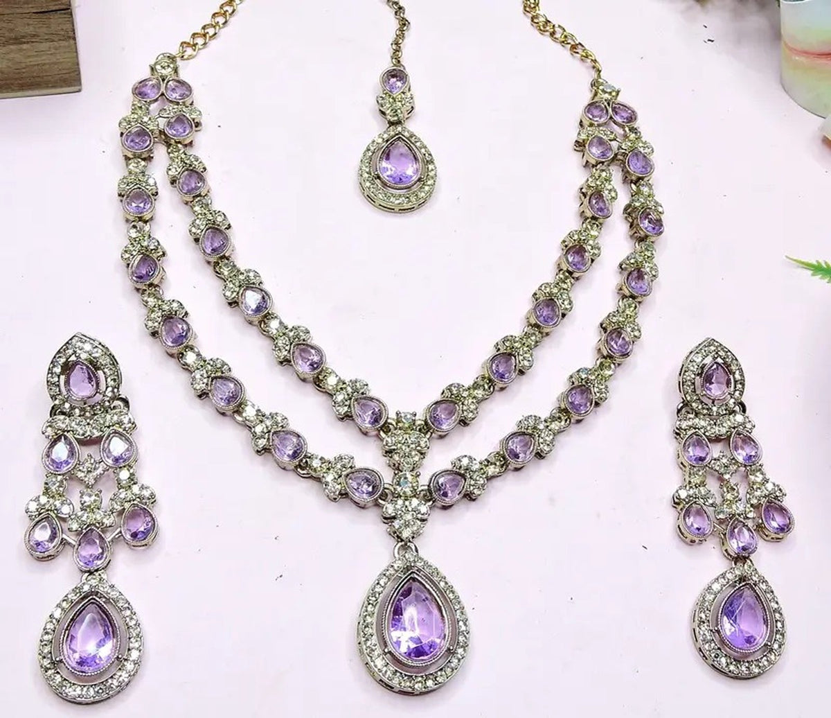 Jewel City Teardrop Bridal Necklace Set with Earrings & Maang Tikka - Ethnic Wedding Jewelry for Brides & Parties | Grocsy