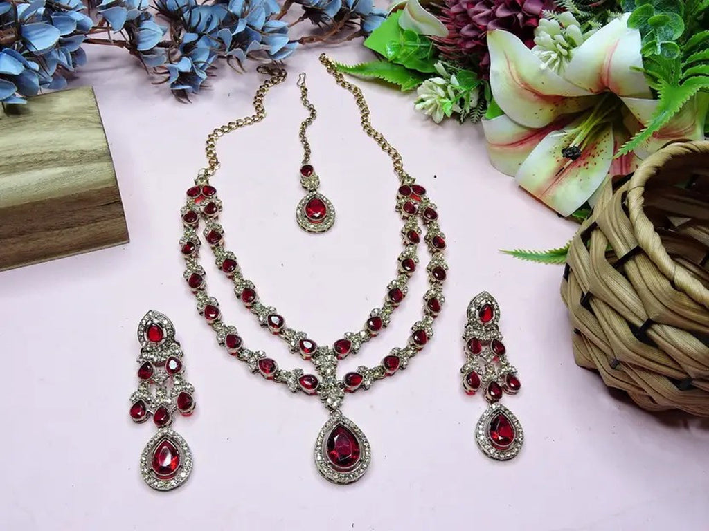 Jewel City Teardrop Bridal Necklace Set with Earrings & Maang Tikka - Ethnic Wedding Jewelry for Brides & Parties | Grocsy
