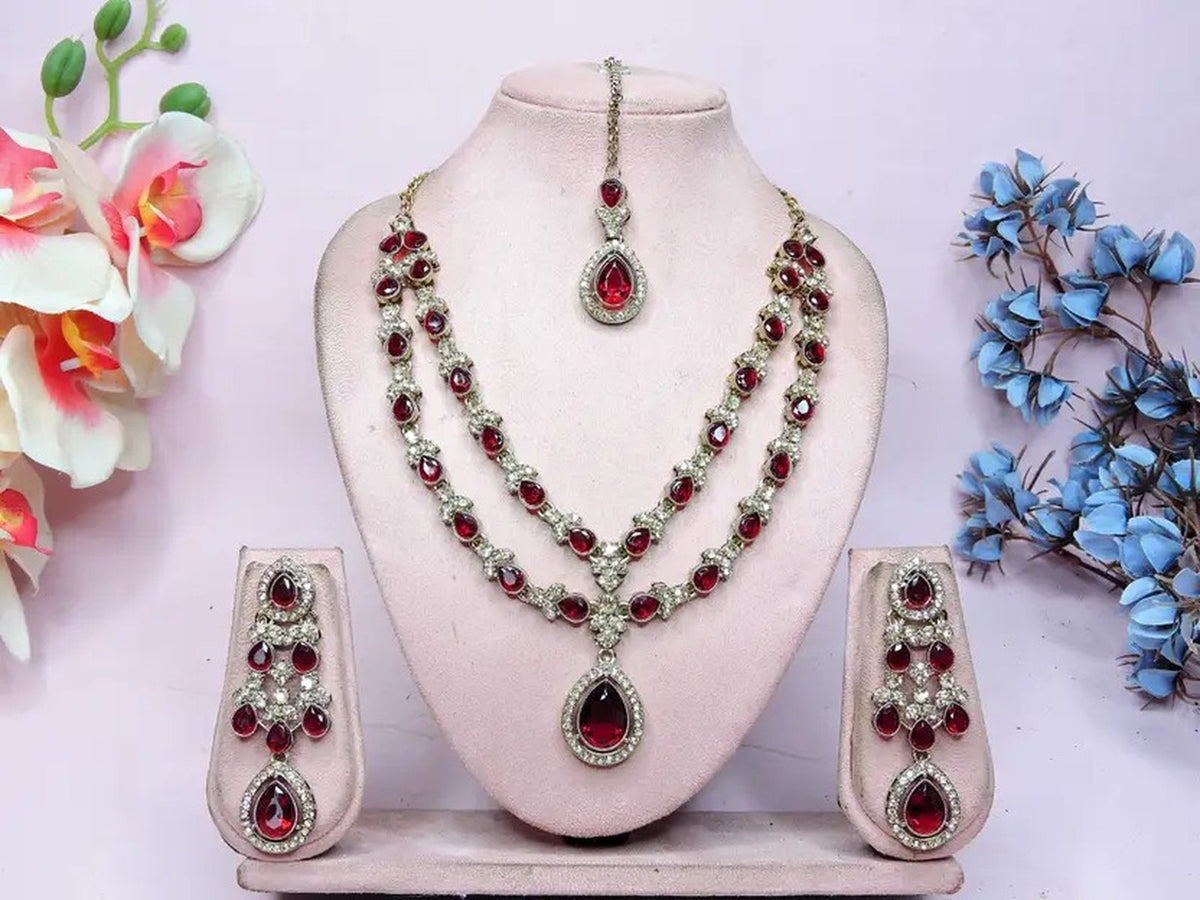 Jewel City Teardrop Bridal Necklace Set with Earrings & Maang Tikka - Ethnic Wedding Jewelry for Brides & Parties | Grocsy