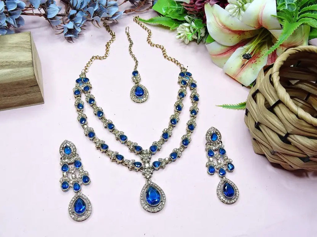 Jewel City Teardrop Bridal Necklace Set with Earrings & Maang Tikka - Ethnic Wedding Jewelry for Brides & Parties | Grocsy