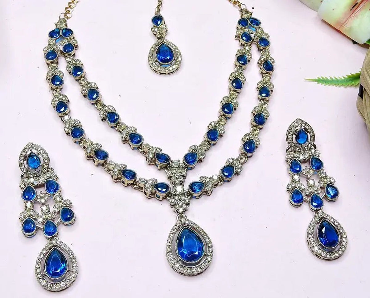 Jewel City Teardrop Bridal Necklace Set with Earrings & Maang Tikka - Ethnic Wedding Jewelry for Brides & Parties | Grocsy