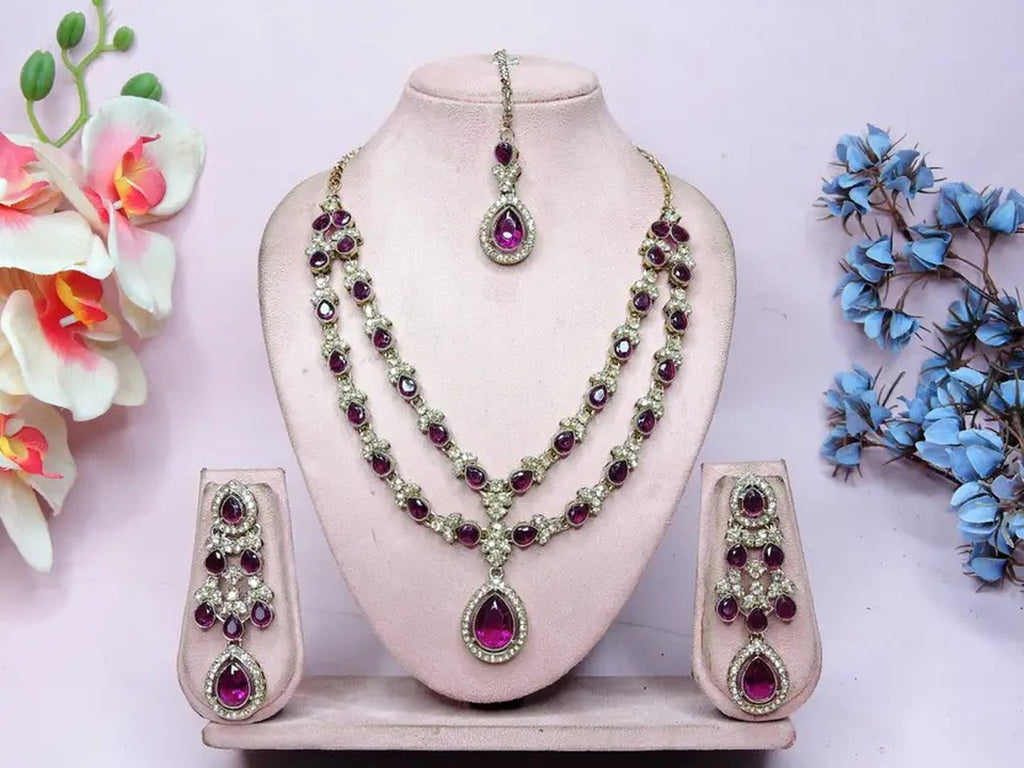 Jewel City Teardrop Bridal Necklace Set with Earrings & Maang Tikka - Ethnic Wedding Jewelry for Brides & Parties | Grocsy