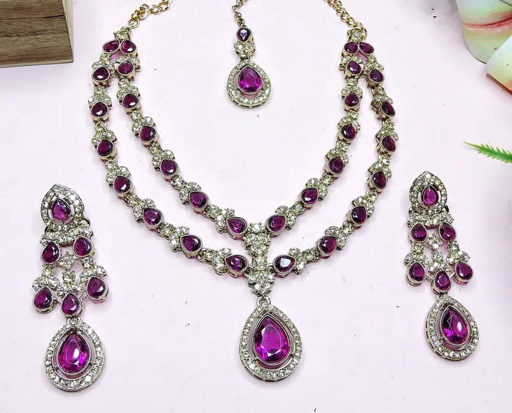 Jewel City Teardrop Bridal Necklace Set with Earrings & Maang Tikka - Ethnic Wedding Jewelry for Brides & Parties | Grocsy