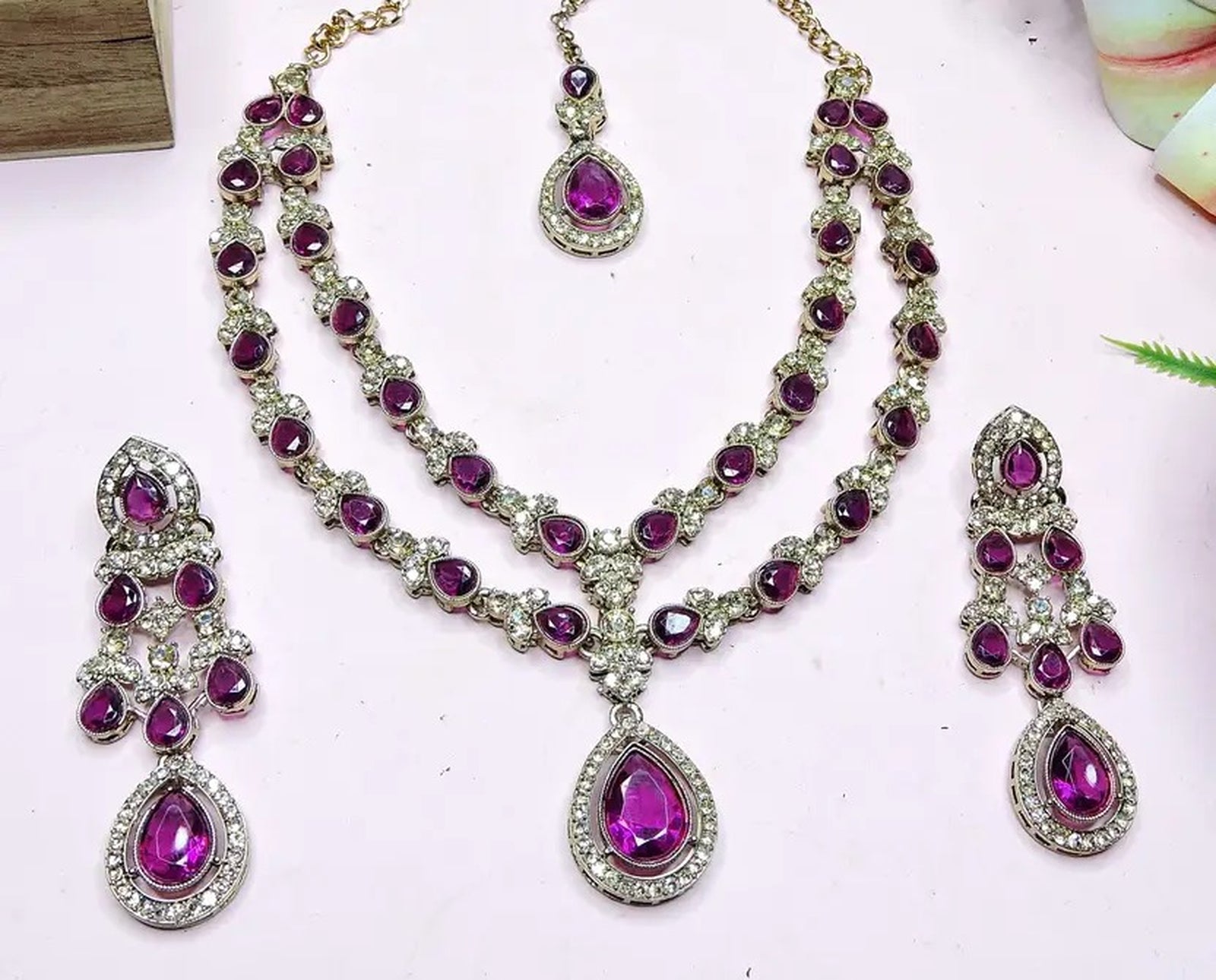 Jewel City Teardrop Bridal Necklace Set with Earrings & Maang Tikka - Ethnic Wedding Jewelry for Brides & Parties | Grocsy