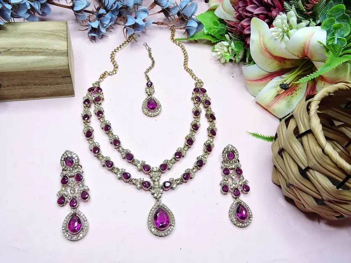 Jewel City Teardrop Bridal Necklace Set with Earrings & Maang Tikka - Ethnic Wedding Jewelry for Brides & Parties | Grocsy