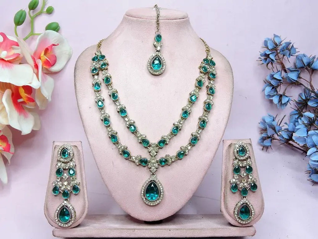 Jewel City Teardrop Bridal Necklace Set with Earrings & Maang Tikka - Ethnic Wedding Jewelry for Brides & Parties | Grocsy