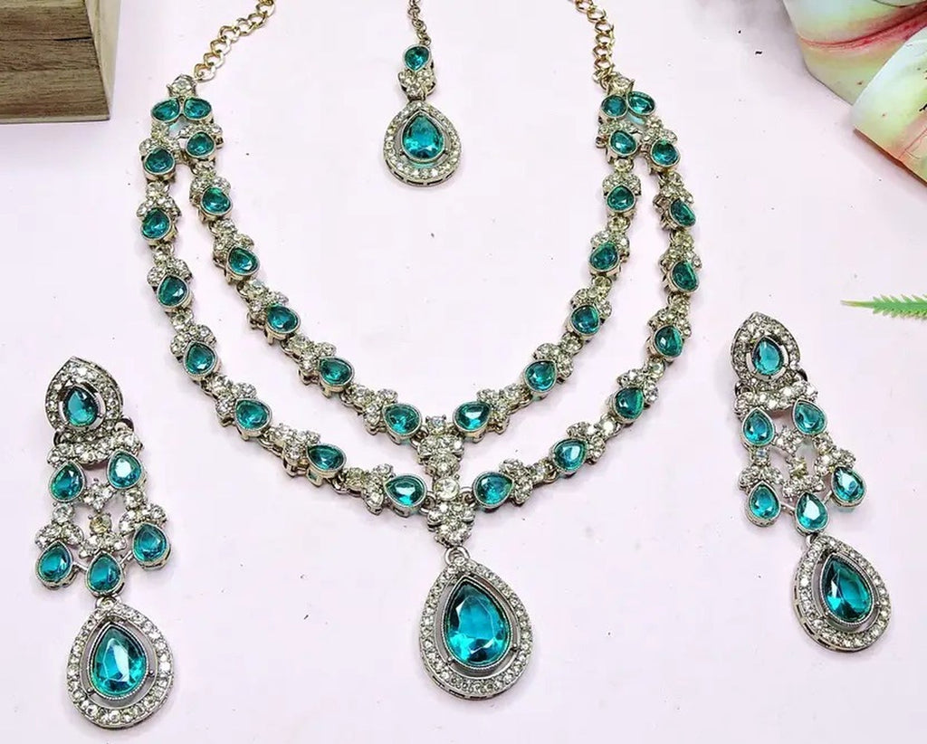 Jewel City Teardrop Bridal Necklace Set with Earrings & Maang Tikka - Ethnic Wedding Jewelry for Brides & Parties | Grocsy