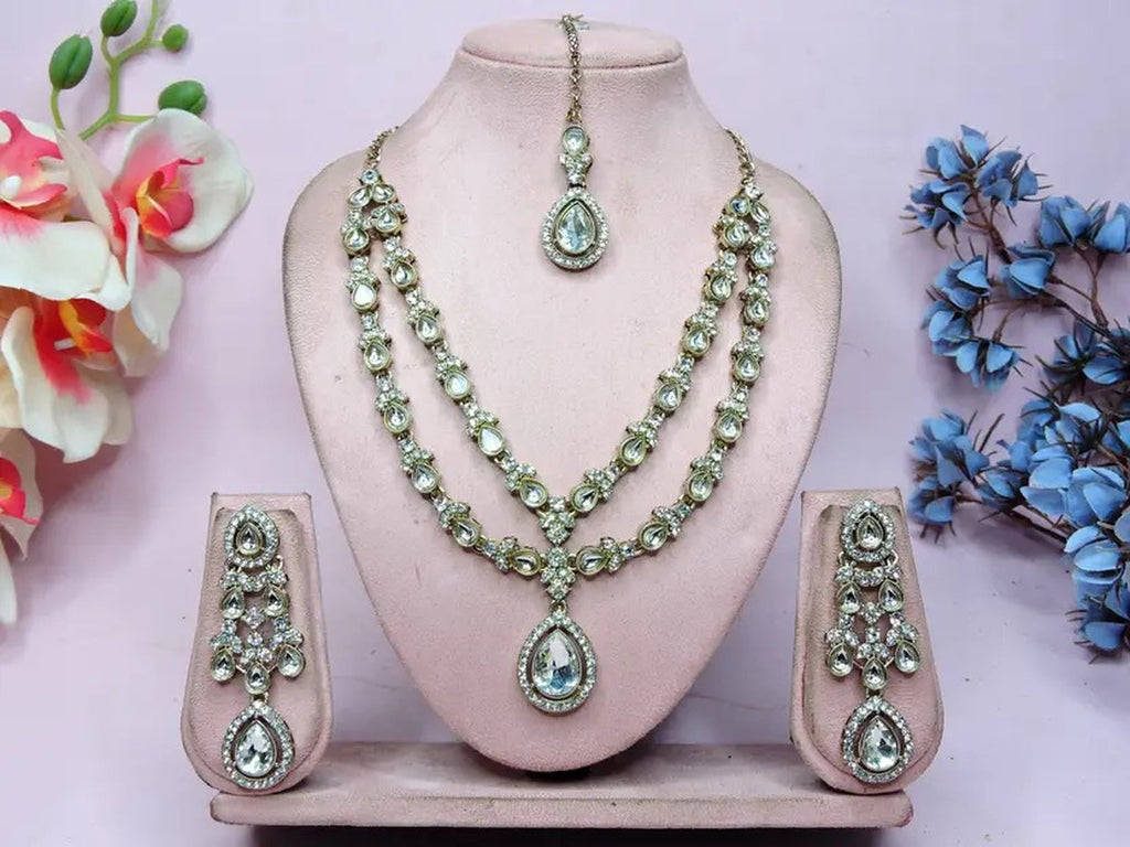 Jewel City Teardrop Bridal Necklace Set with Earrings & Maang Tikka - Ethnic Wedding Jewelry for Brides & Parties | Grocsy