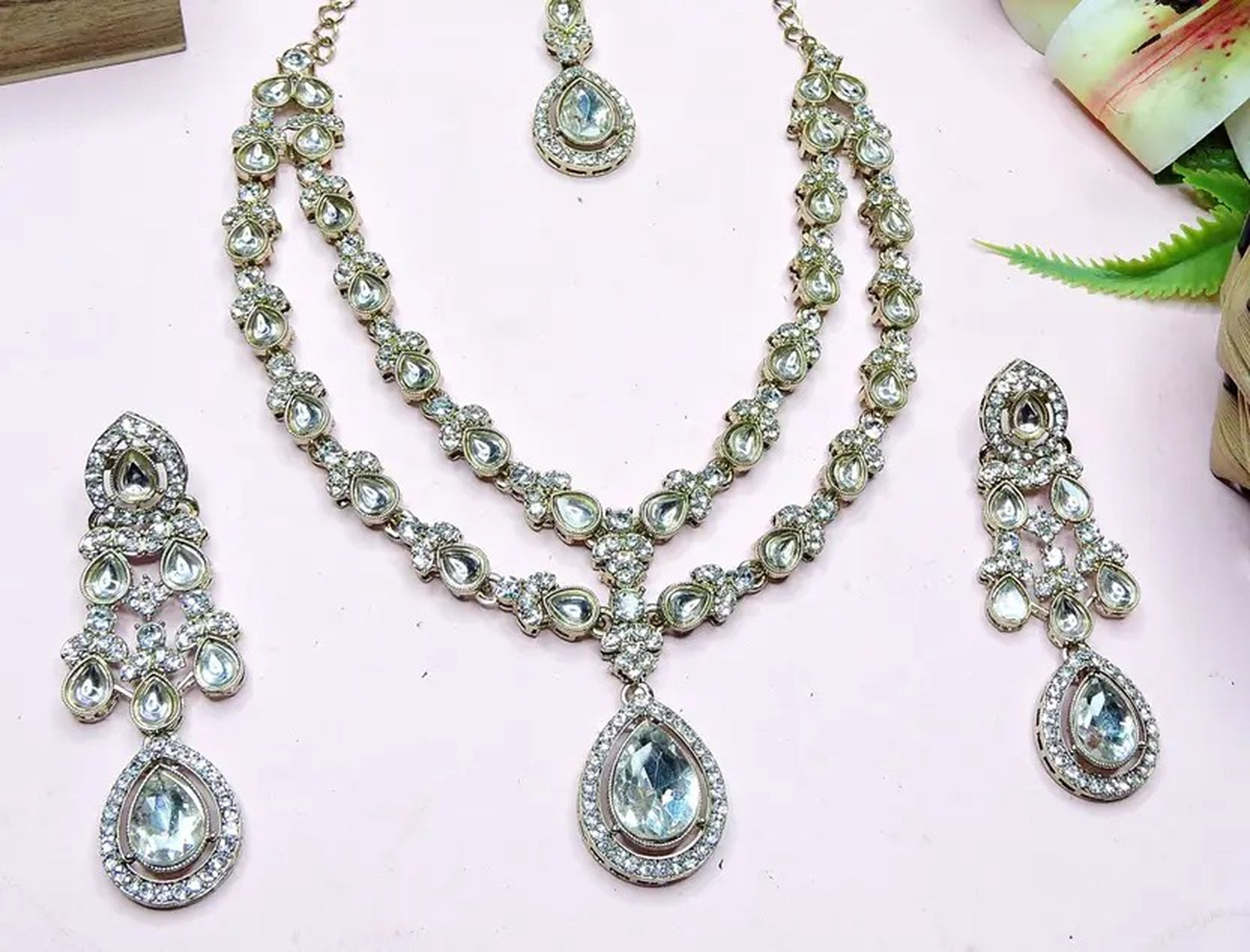 Jewel City Teardrop Bridal Necklace Set with Earrings & Maang Tikka - Ethnic Wedding Jewelry for Brides & Parties | Grocsy