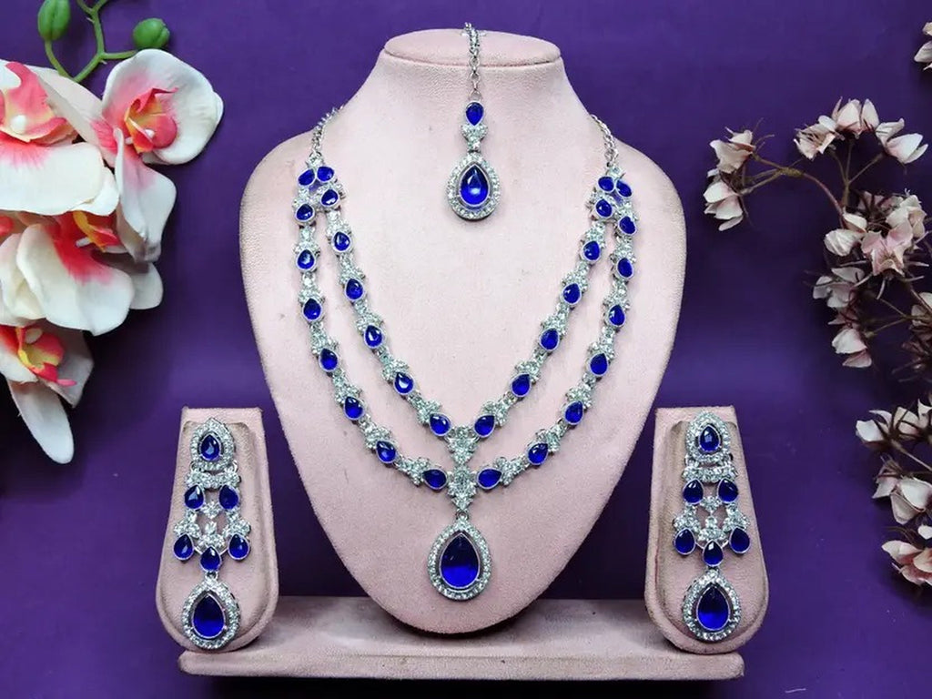 Jewel City Teardrop Bridal Necklace Set with Earrings & Maang Tikka - Ethnic Wedding Jewelry for Brides & Parties | Grocsy