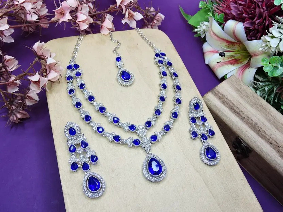 Jewel City Teardrop Bridal Necklace Set with Earrings & Maang Tikka - Ethnic Wedding Jewelry for Brides & Parties | Grocsy