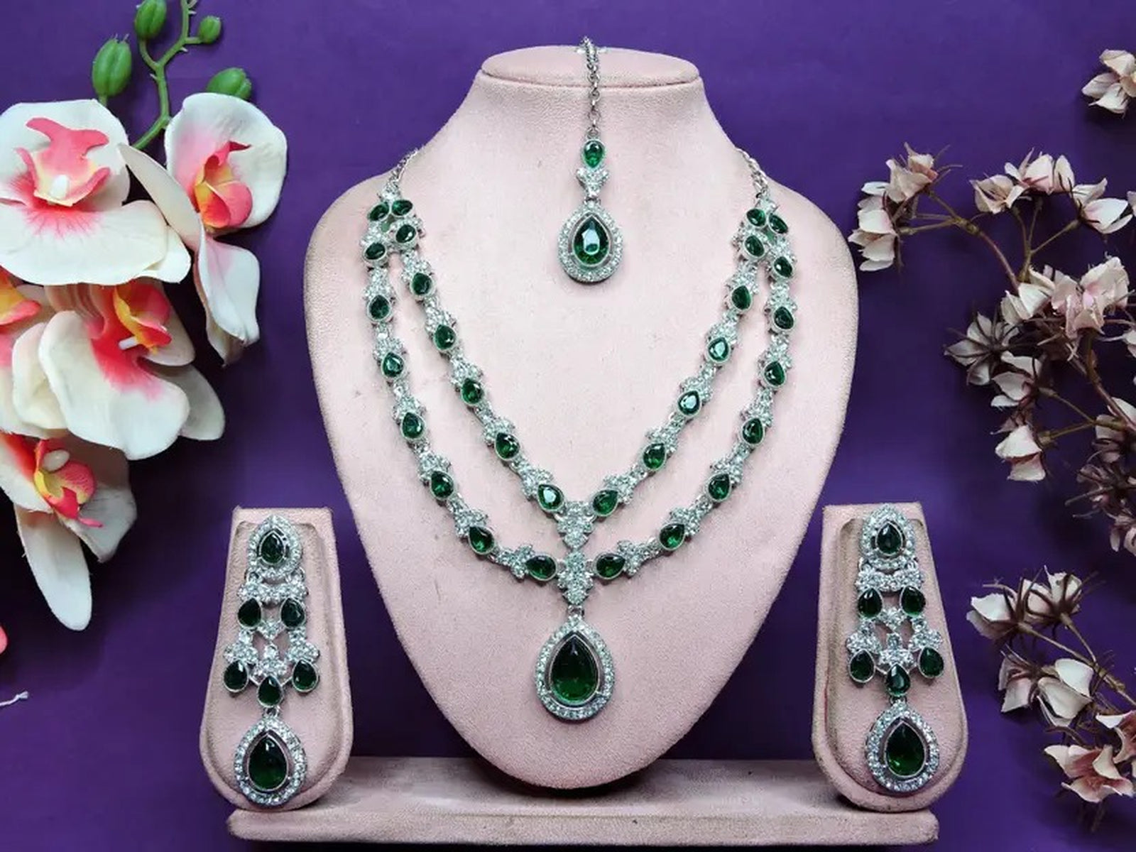 Jewel City Teardrop Bridal Necklace Set with Earrings & Maang Tikka - Ethnic Wedding Jewelry for Brides & Parties | Grocsy