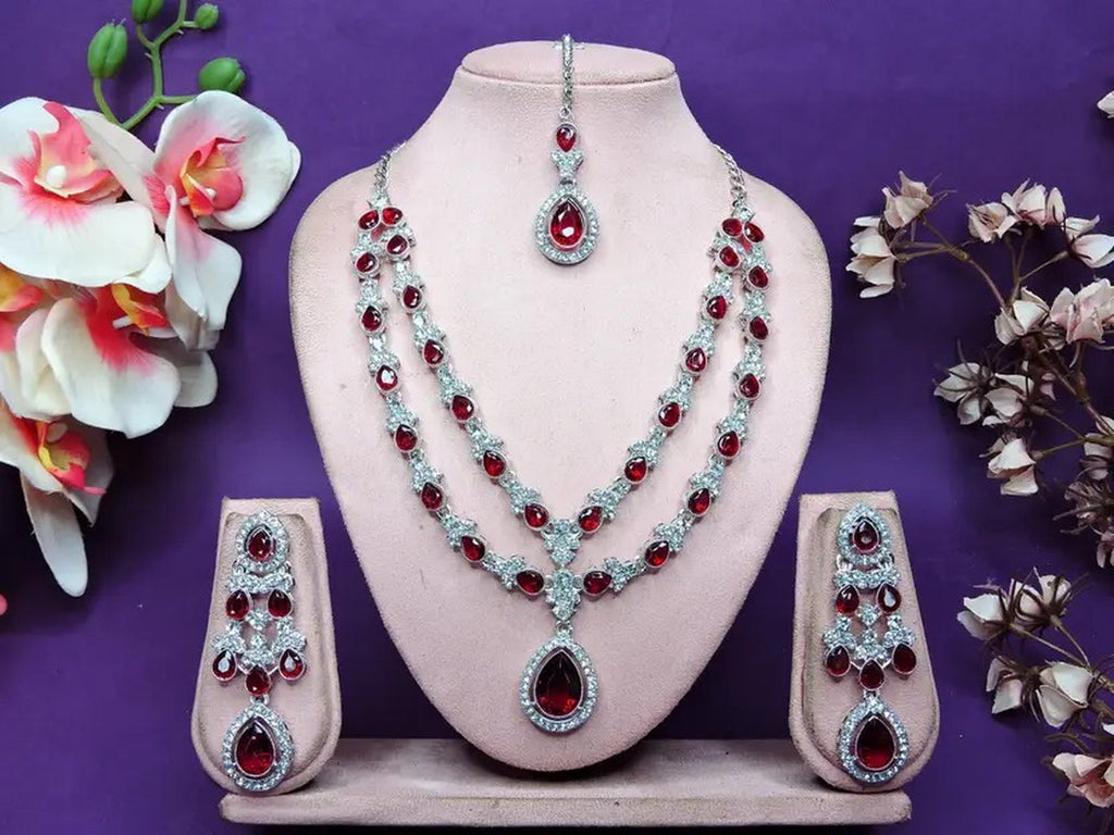 Jewel City Teardrop Bridal Necklace Set with Earrings & Maang Tikka - Ethnic Wedding Jewelry for Brides & Parties | Grocsy