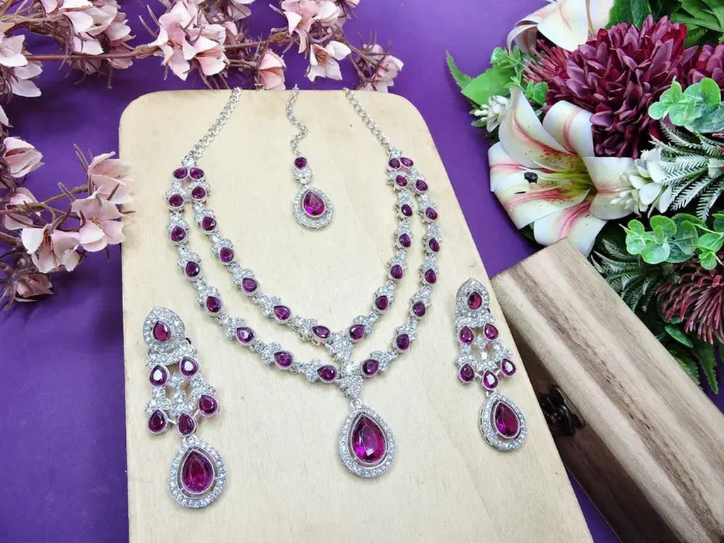 Jewel City Teardrop Bridal Necklace Set with Earrings & Maang Tikka - Ethnic Wedding Jewelry for Brides & Parties | Grocsy