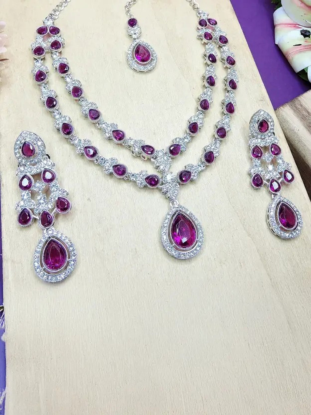 Jewel City Teardrop Bridal Necklace Set with Earrings & Maang Tikka - Ethnic Wedding Jewelry for Brides & Parties | Grocsy