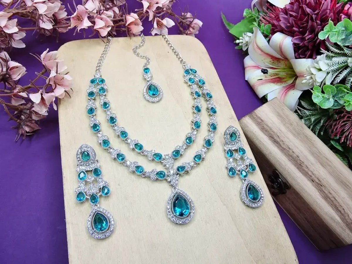 Jewel City Teardrop Bridal Necklace Set with Earrings & Maang Tikka - Ethnic Wedding Jewelry for Brides & Parties | Grocsy