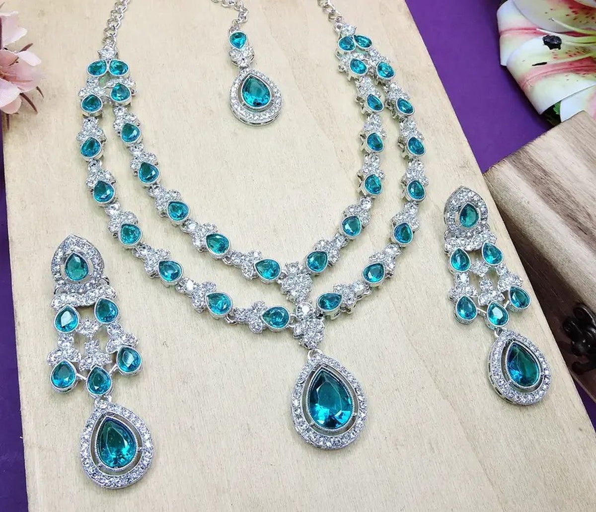Jewel City Teardrop Bridal Necklace Set with Earrings & Maang Tikka - Ethnic Wedding Jewelry for Brides & Parties | Grocsy