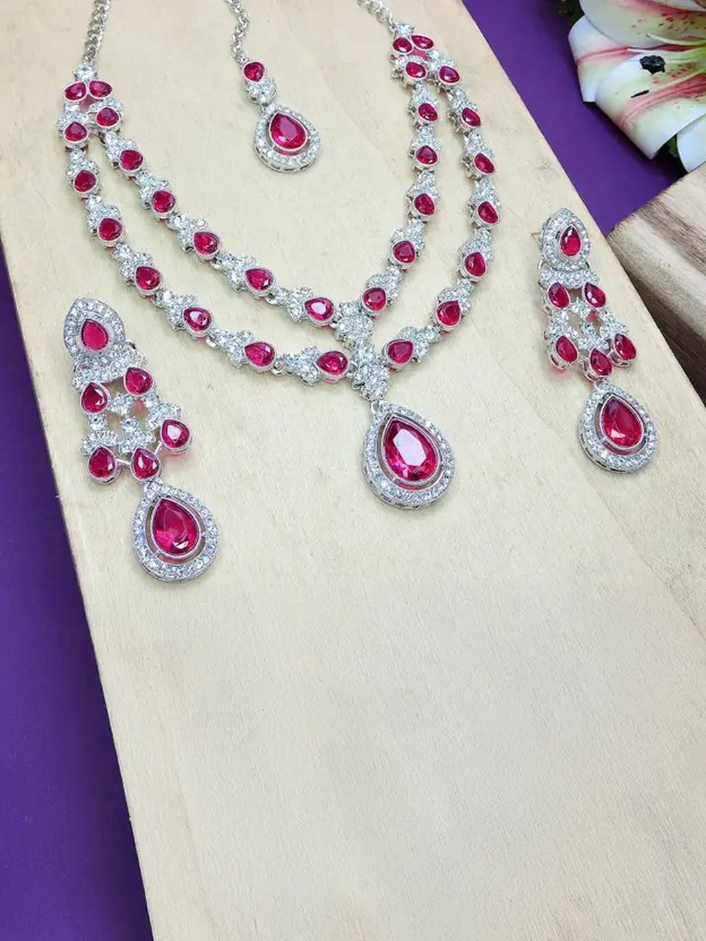 Jewel City Teardrop Bridal Necklace Set with Earrings & Maang Tikka - Ethnic Wedding Jewelry for Brides & Parties | Grocsy