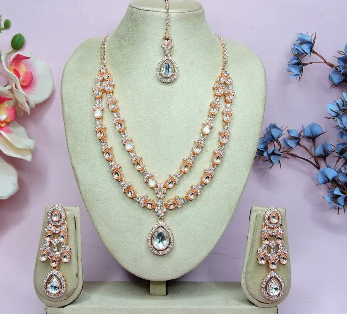 Jewel City Teardrop Bridal Necklace Set with Earrings & Maang Tikka - Ethnic Wedding Jewelry for Brides & Parties | Grocsy