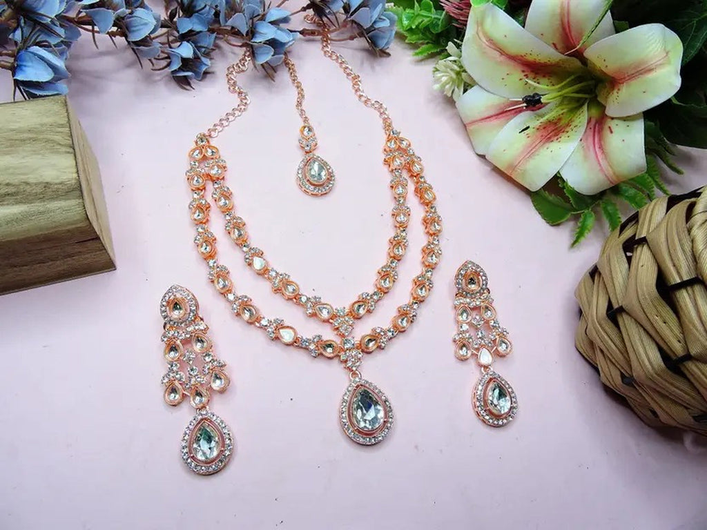 Jewel City Teardrop Bridal Necklace Set with Earrings & Maang Tikka - Ethnic Wedding Jewelry for Brides & Parties | Grocsy